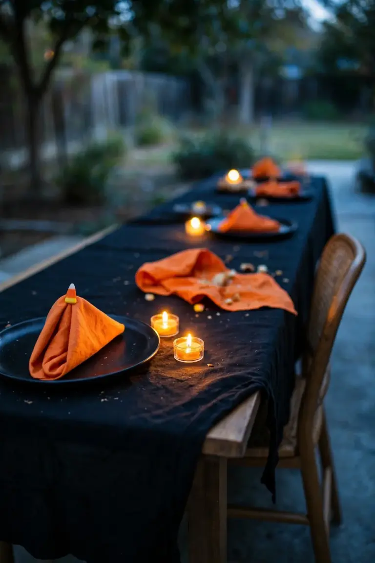 Party table with black tablecloth, orange napkins, candy corn and glowing battery tea lights