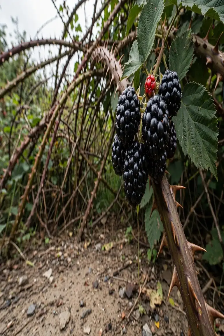 Shiny blackberries on a thick thorny cane with deeply prickled stems
