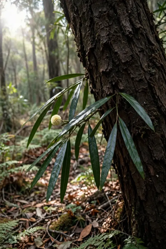 Blackwood trunk with dark rough bark and narrow glossy phyllodes