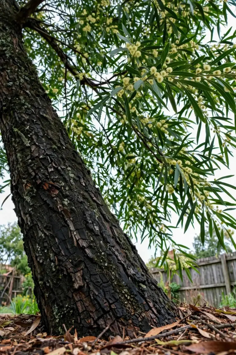 Tall blackwood tree with dark bark and pale lemon flowers