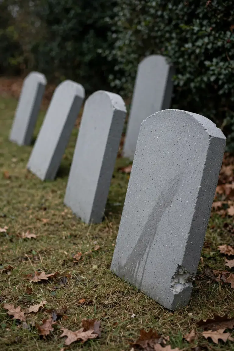 Row of blank grey foam tombstones with weathered unlettered faces in a front yard