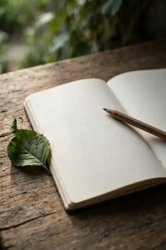 Blank notebook with a pencil and a leaf on a wooden table