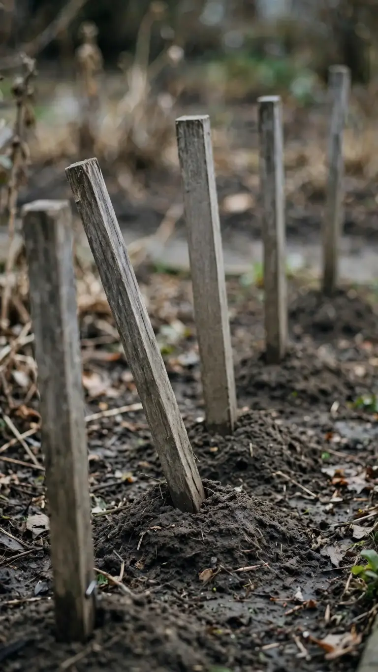Row of blank wooden plant stakes marking sowing dates in a bed