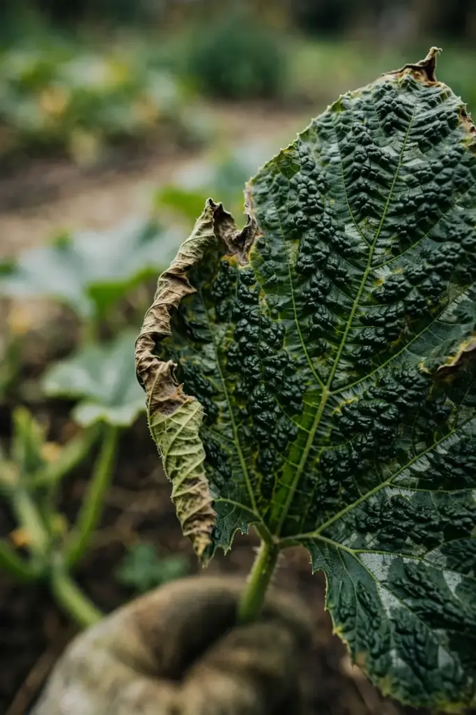 Blistered squash leaf with dark green mosaic, steadied by a worn garden mitt.