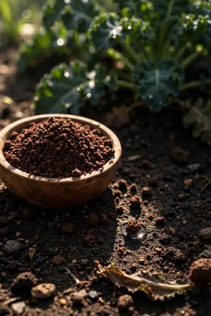 Dark blood meal granules in a small wooden bowl at the edge of a kale bed