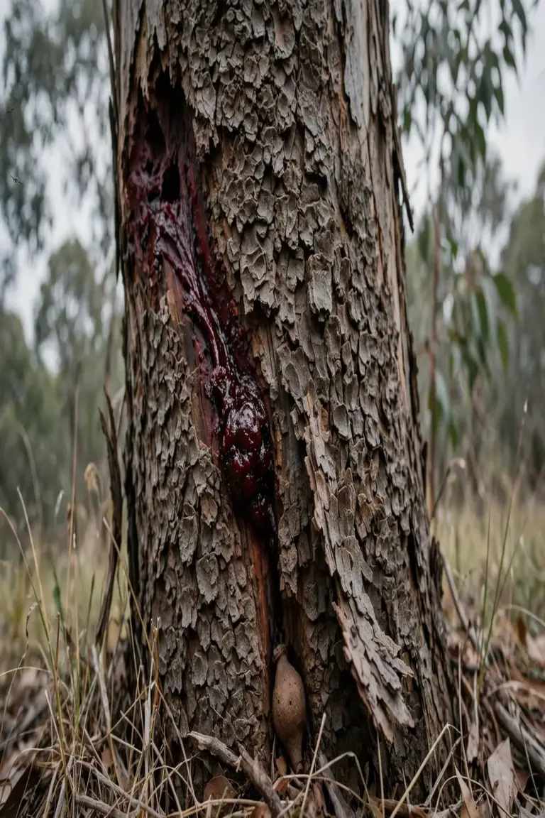 Bloodwood trunk with tessellated bark and dark red kino at a wound
