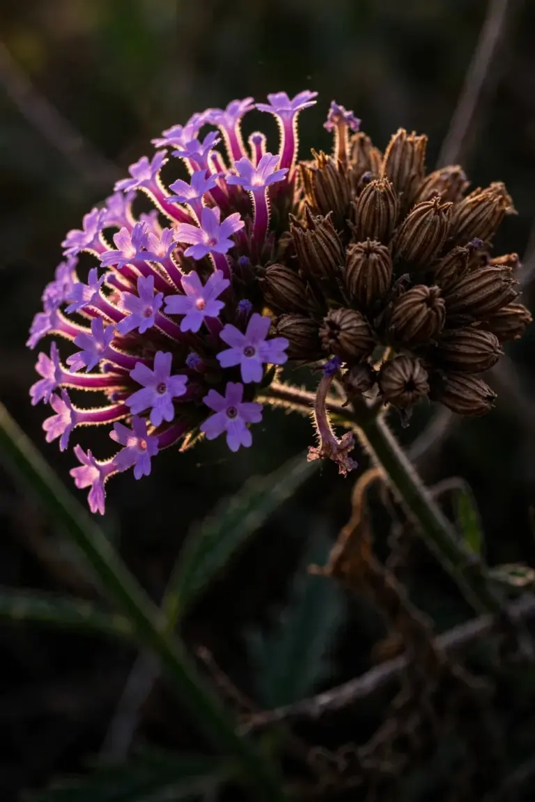 Close-up of purple verbena florets beside a maturing brown seed head