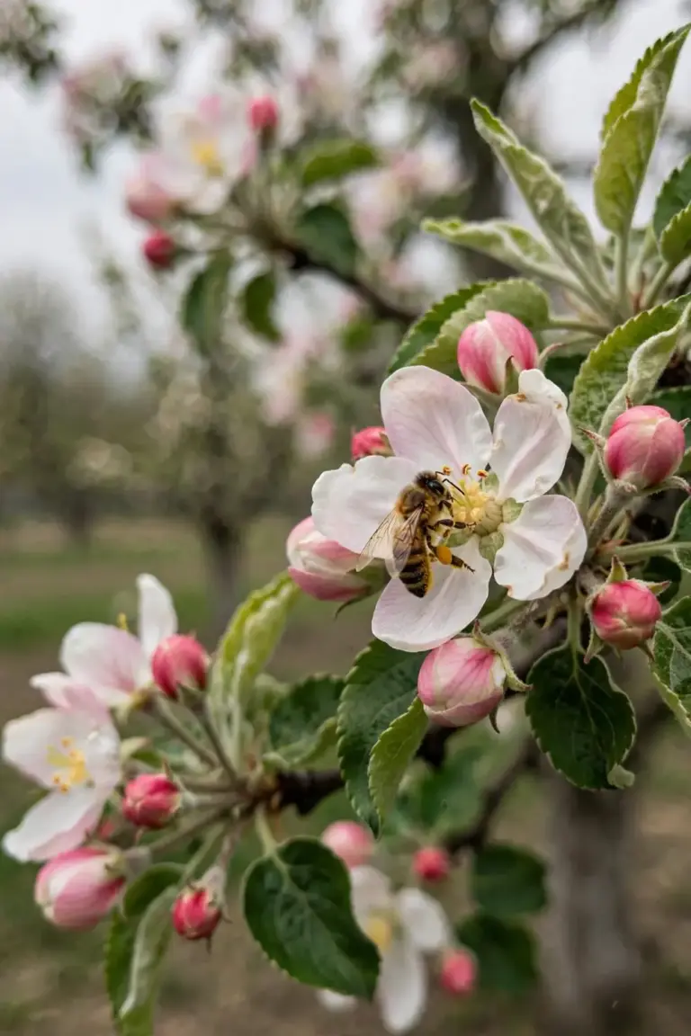Bee on pink-white apple blossom with a second flowering apple tree behind