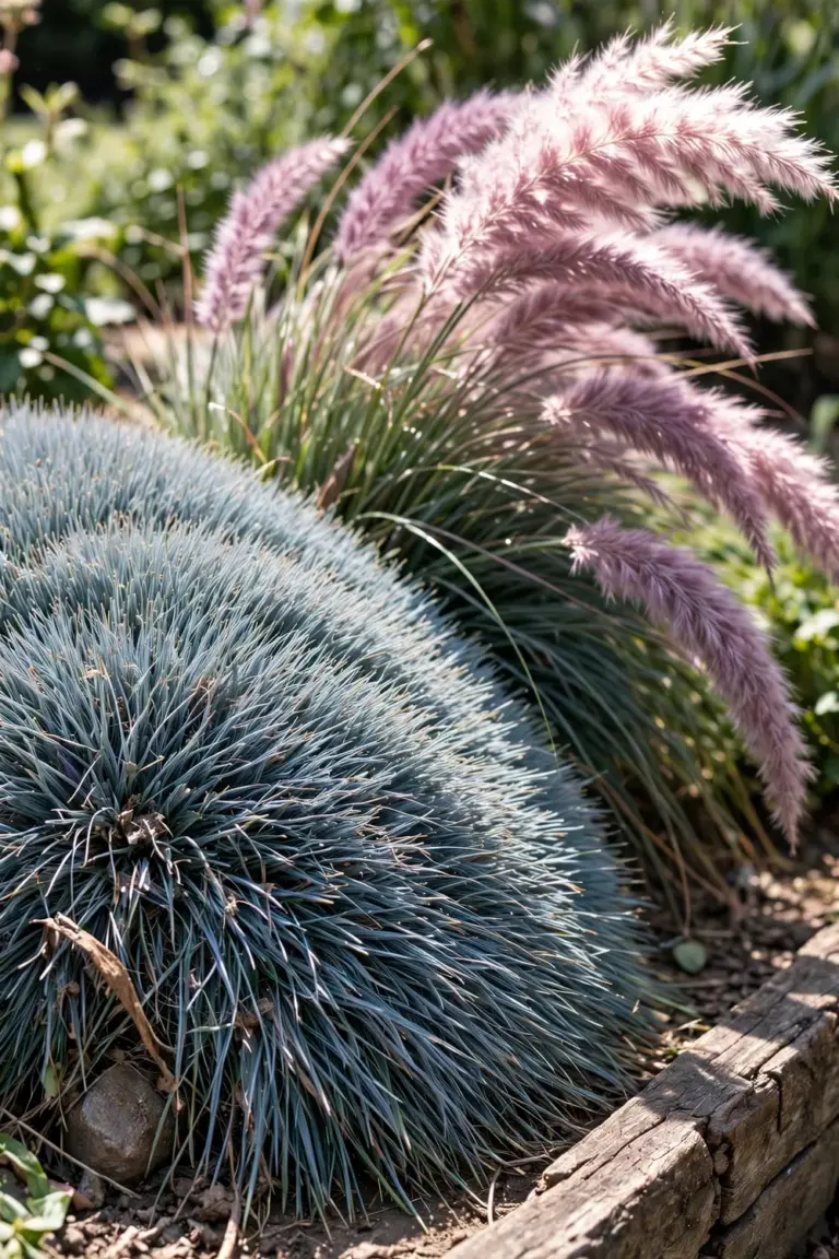 Blue fescue mounds and fountain grass plumes in a sunny garden bed