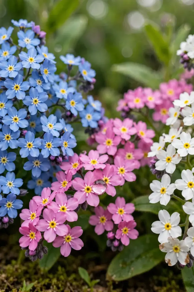Forget-me-not variety drifts in blue, pink, and white blooms