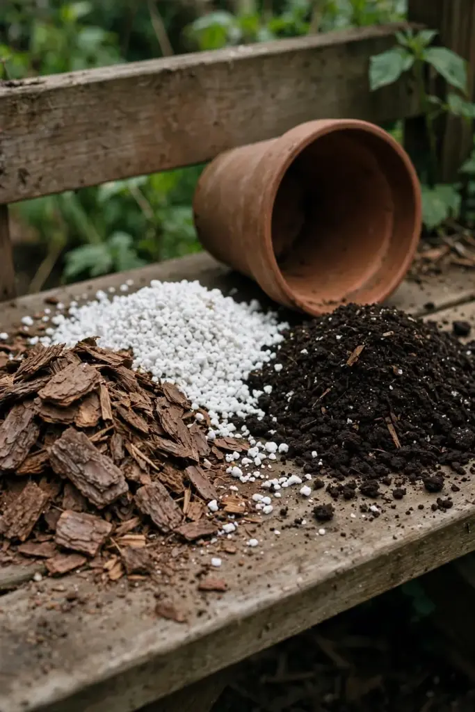 Piles of pine bark fines, perlite, and dark potting mix beside an empty pot
