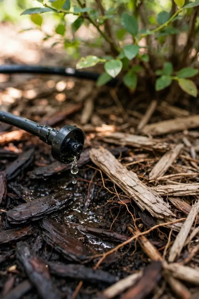 Drip emitter wetting pine bark mulch at the base of a blueberry bush