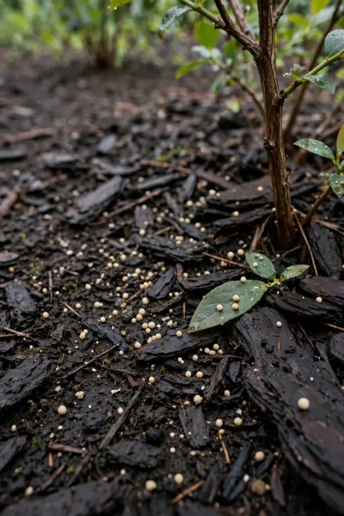 Pale fertilizer granules scattered on mulch under a blueberry bush