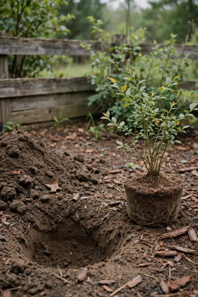 Young blueberry bush with exposed root ball beside a fresh planting hole