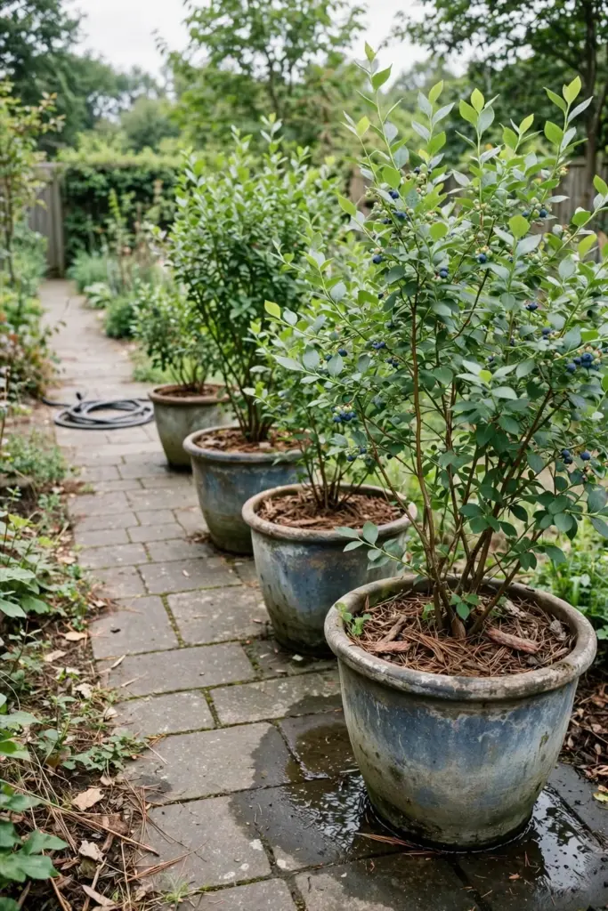 Row of blueberry bushes in large pots along a sunny garden path