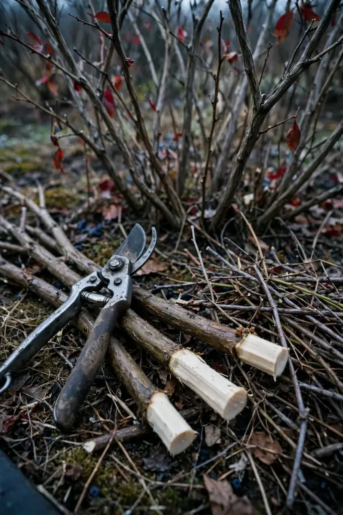 Pruning shears resting on freshly cut blueberry canes in winter