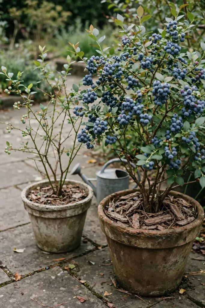 Two potted blueberry bushes at different stages, one fruiting and one young