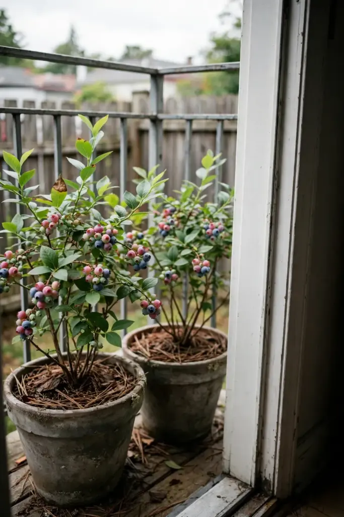 Two potted blueberry bushes on a sunny balcony ready to fruit