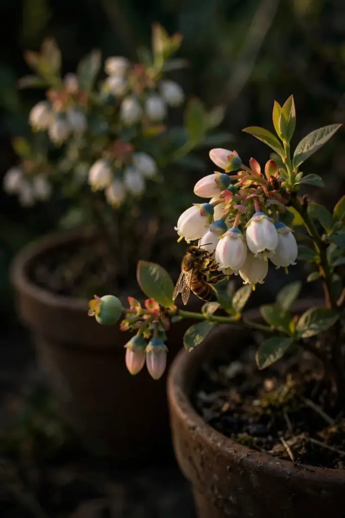 Bee visiting white blueberry flowers on one of two potted bushes