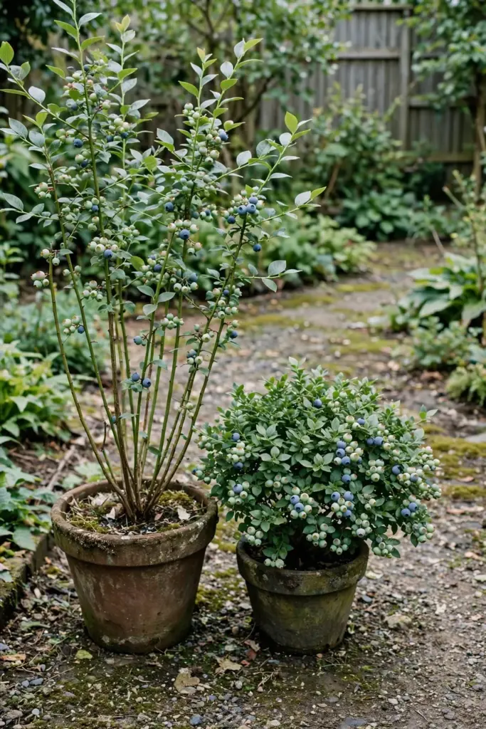 Two potted blueberry bushes of different heights side by side, one tall and one dwarf