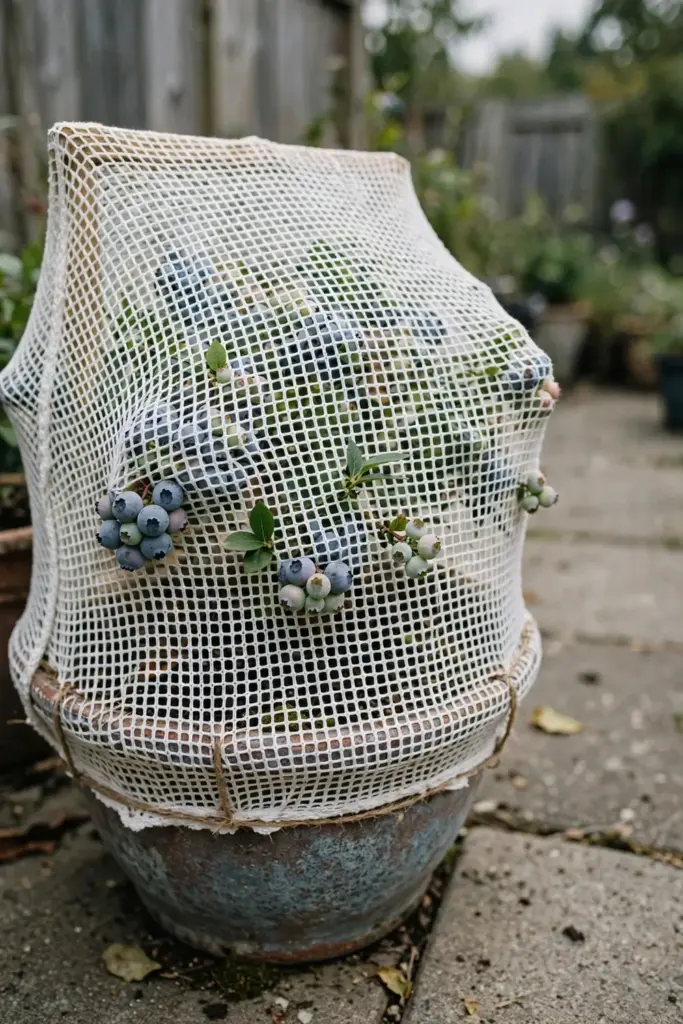 White knitted net draped over a potted blueberry bush with ripening fruit