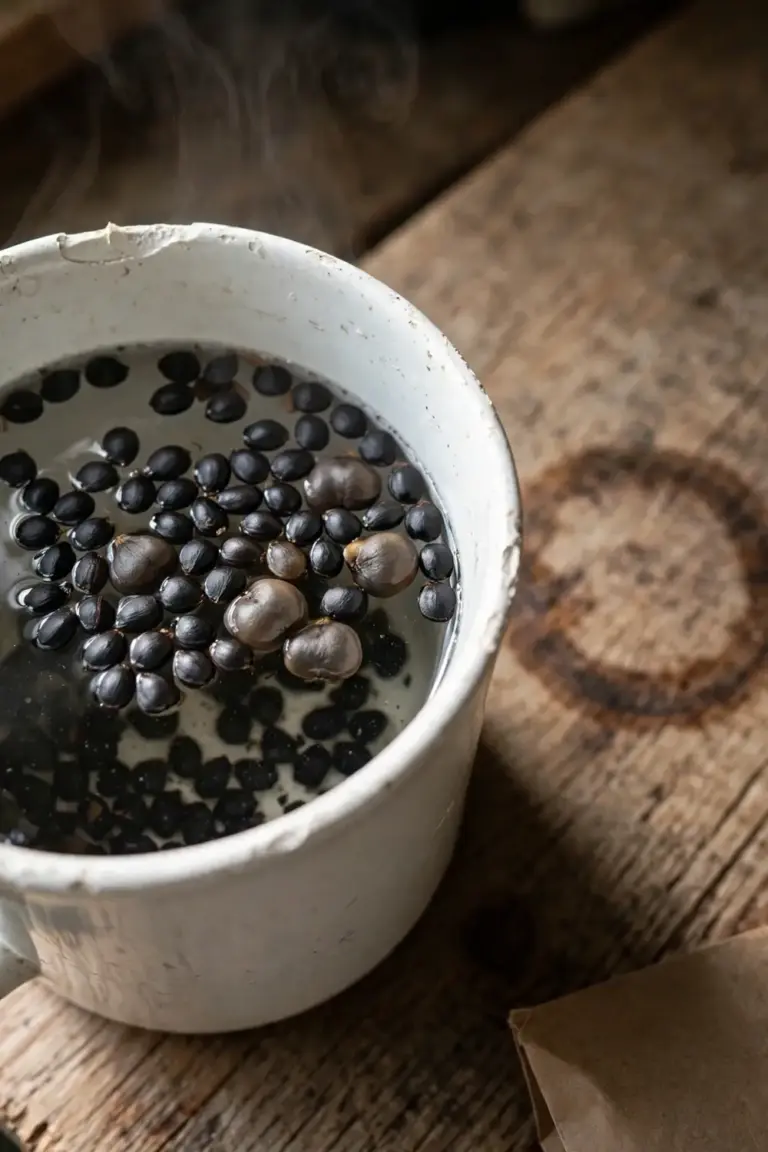 Wattle seeds soaking in a heatproof mug of hot water on a bench