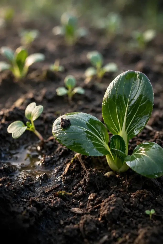 Bok choy seedlings at spoon-leaf and true-leaf stages in dark soil