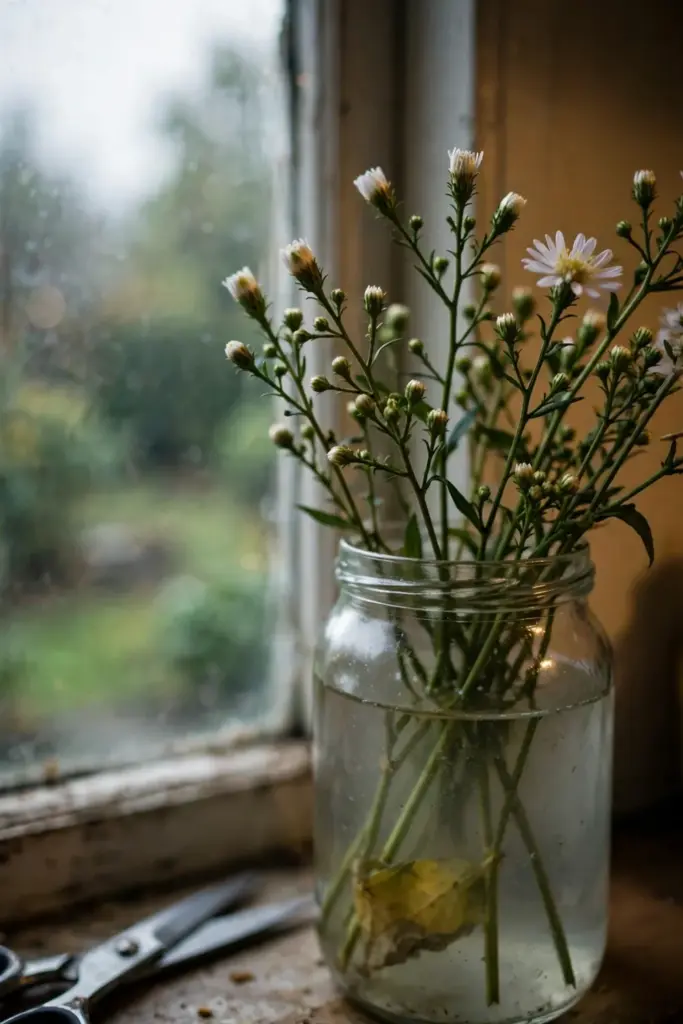 White boltonia stems cut in bud standing in a jar of water indoors