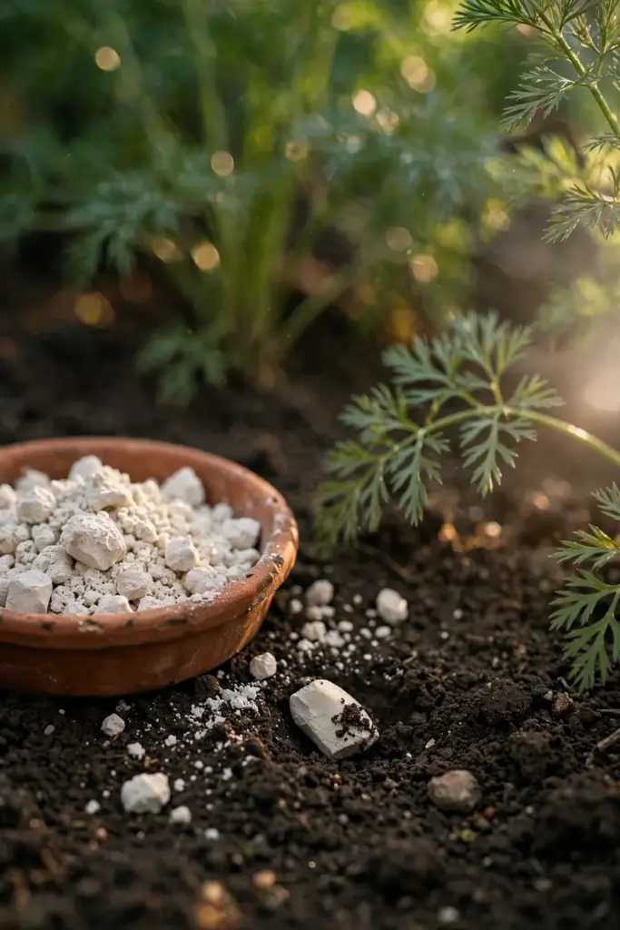 Pale bone meal granules in a terracotta dish beside carrot tops