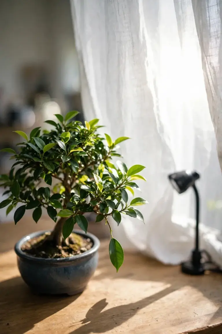 Indoor bonsai beside a bright south-facing window with sheer curtain