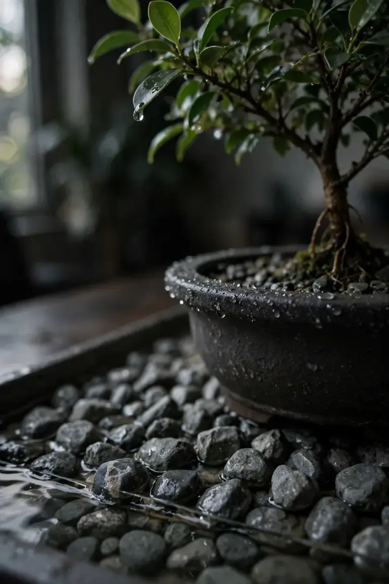 Bonsai pot standing on pebbles above water in a humidity tray