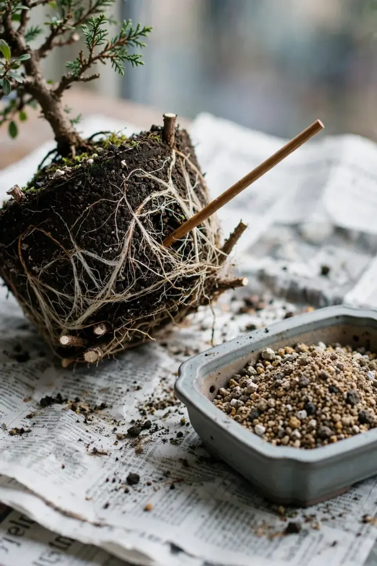 Bonsai tree lifted from its pot showing the root ball during repotting
