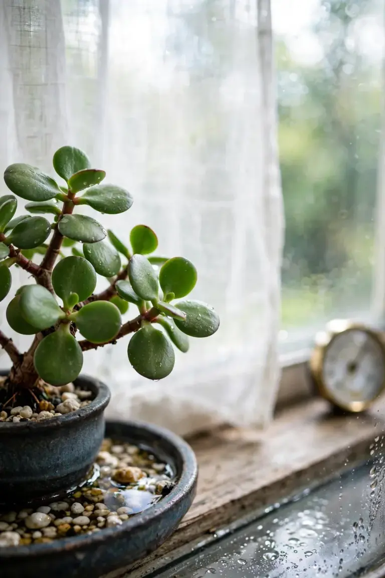 Indoor bonsai on a windowsill next to a small hygrometer