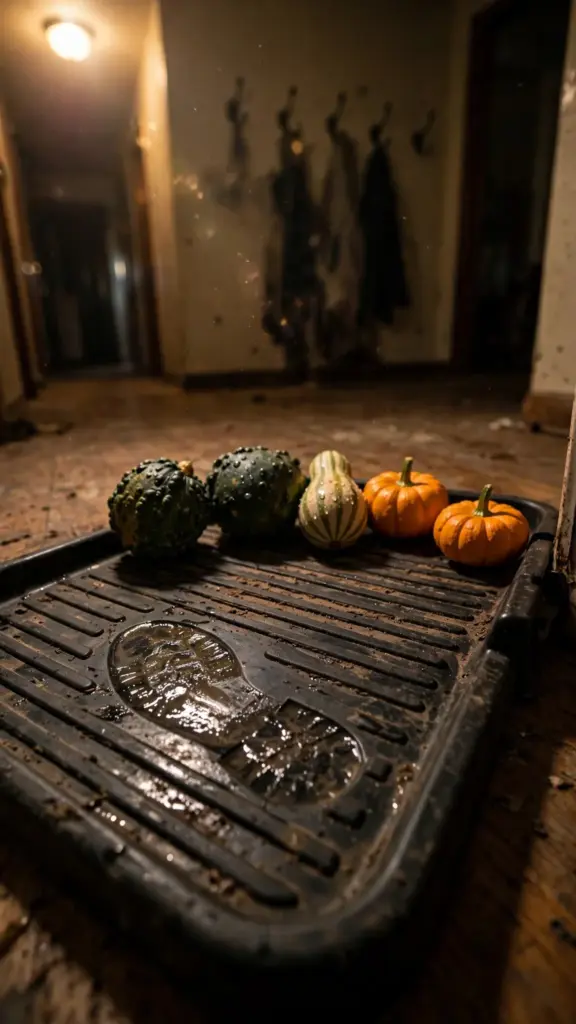 Boot tray lined with gourds inside a foyer entryway