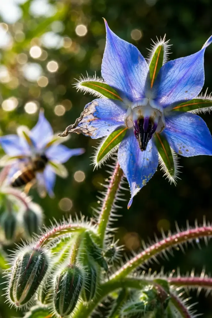Blue borage star flower with bristly hairs and a visiting bee blurred