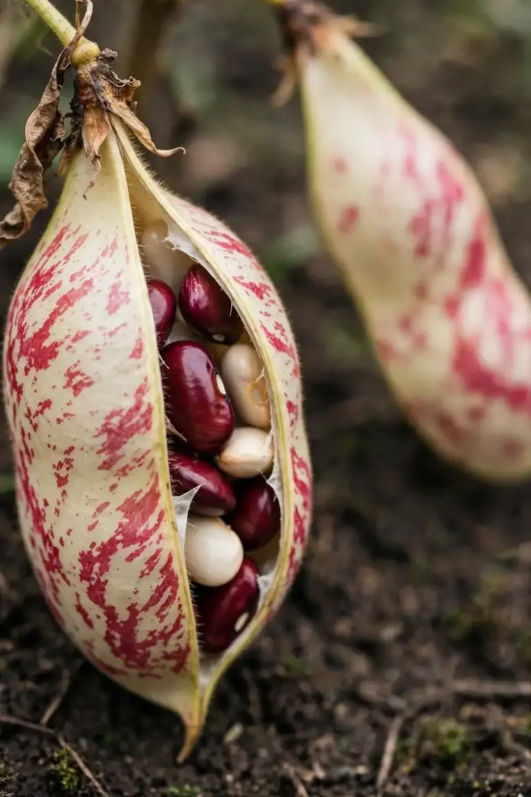 Borlotti bean pods with cream shells splashed in red, one split open