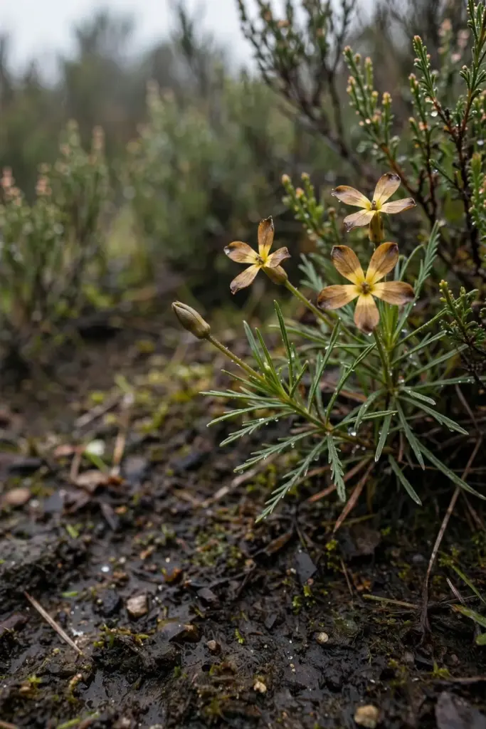 Boronia star flowers with four brown and yellow petals and fine leaves