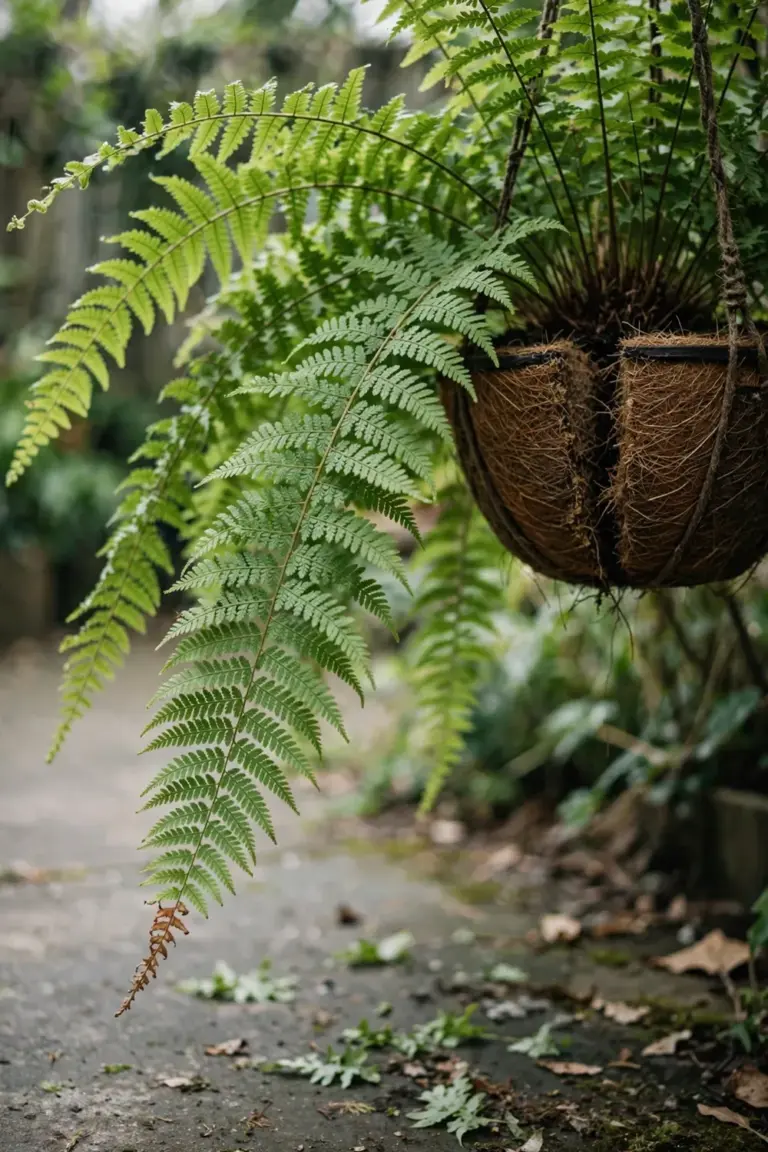 Boston fern with arching fronds in a hanging pot after division