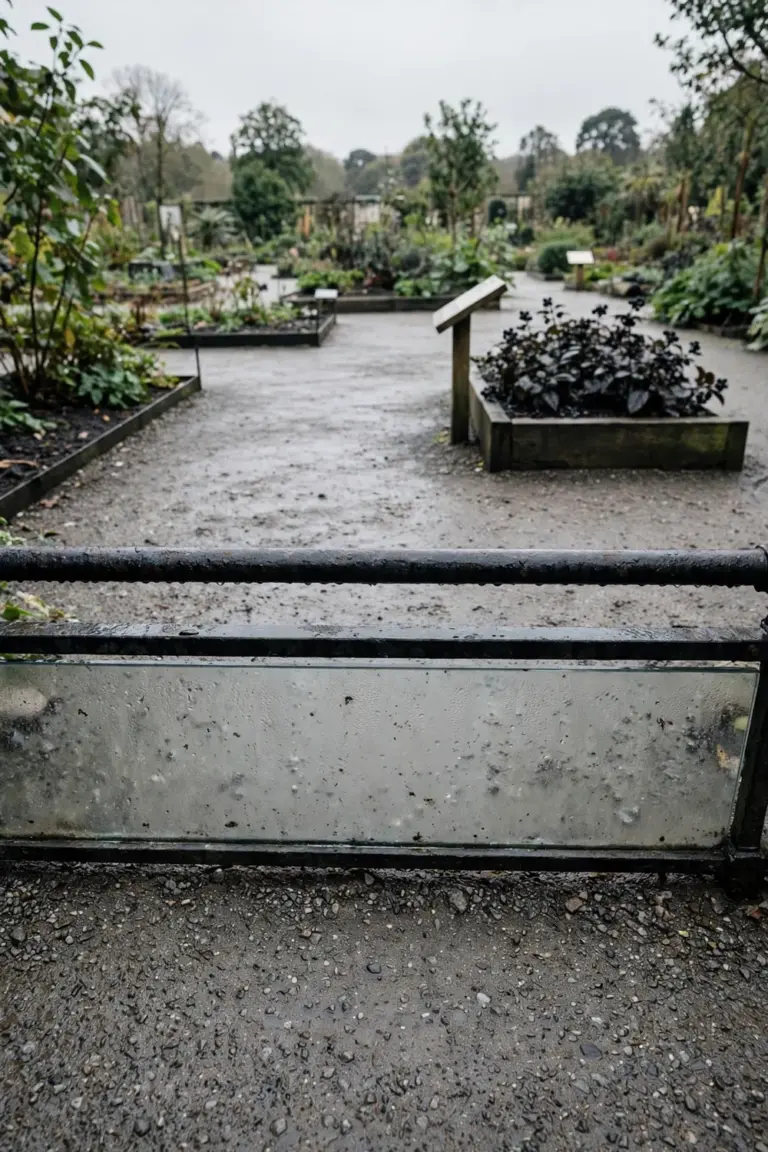 Botanical garden toxic plant display behind a railing and glass, seen from the path at a distance