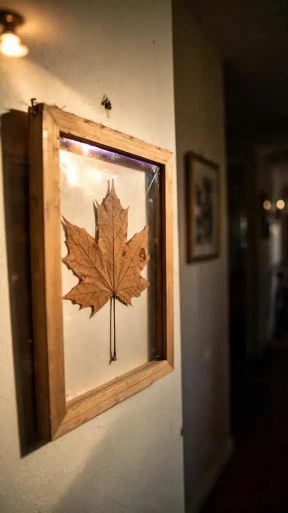 Framed pressed maple leaf botanical study hanging on a wall