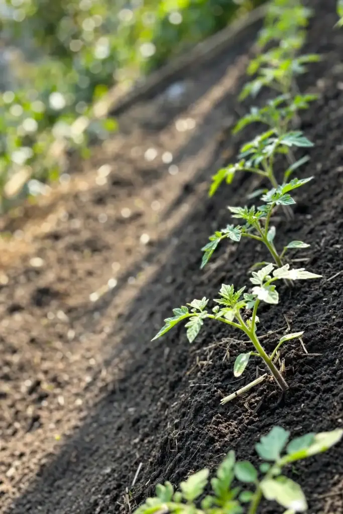 Young tomato transplants spaced widely in a fresh bed