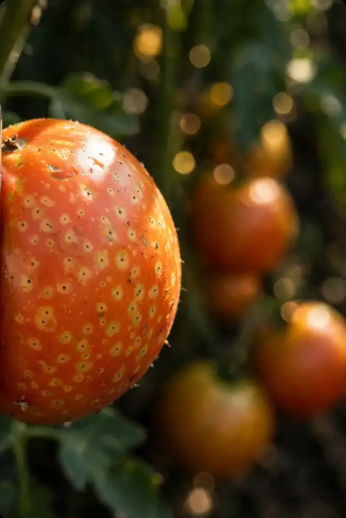 Ghost spots with pale halos on a ripening tomato