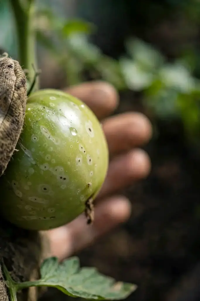 Green tomato with pale ghost spot halos held in a worn garden mitt
