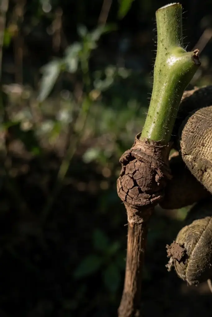 Girdled tomato stem section held in a worn garden mitt
