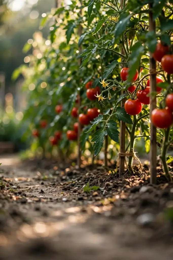 Thriving staked tomato patch with ripening fruit in morning light