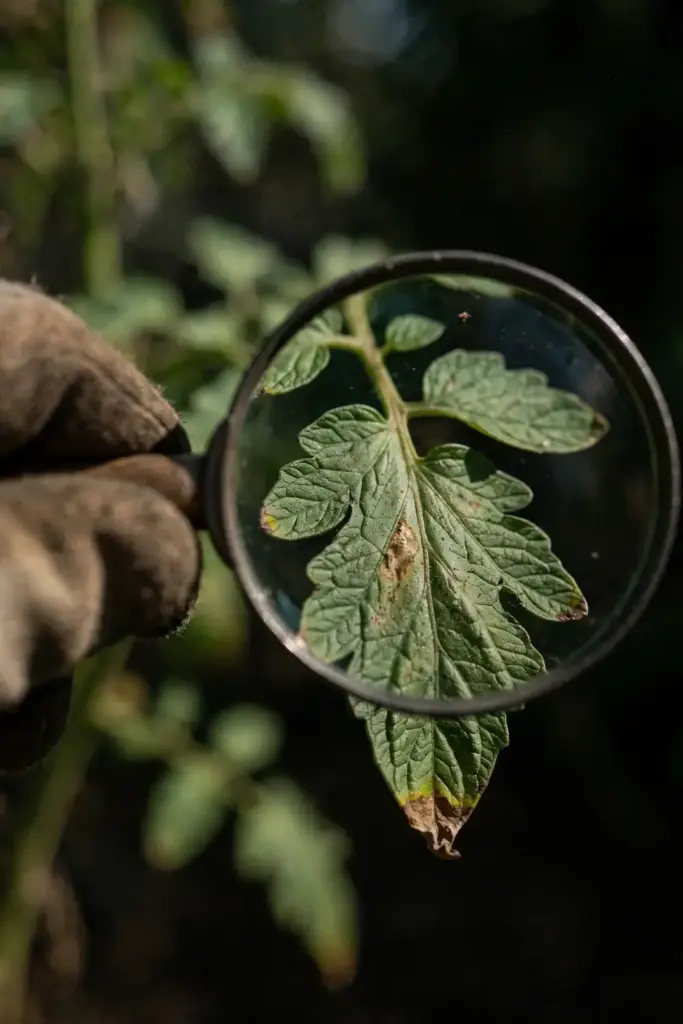 Magnifying glass inspecting a spotted tomato leaf