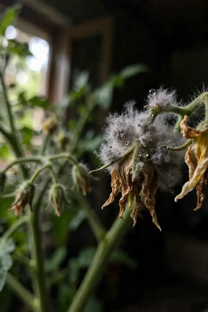 Gray fuzzy mold erupting from a dying tomato blossom