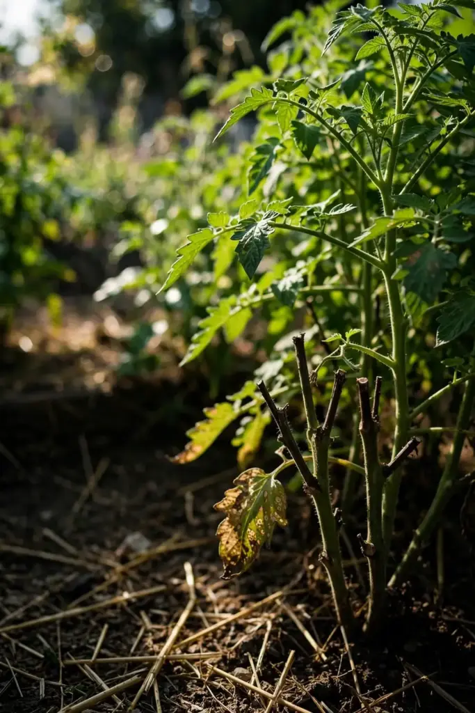 Home tomato patch recovering with pruned lower stems and healthy new growth