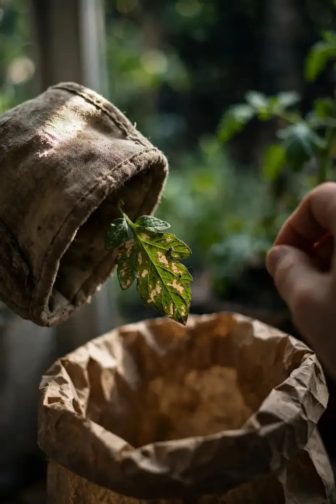Worn garden mitt dropping a spotted leaf into a paper bag