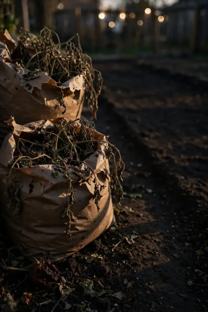 Pulled tomato plants bagged for disposal at season end